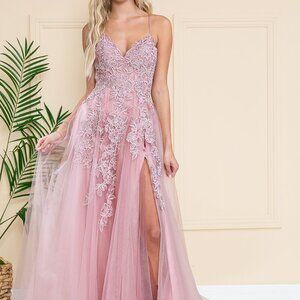 Rose pink prom dress. lace applique beaded open back dress bridesmaid gala party